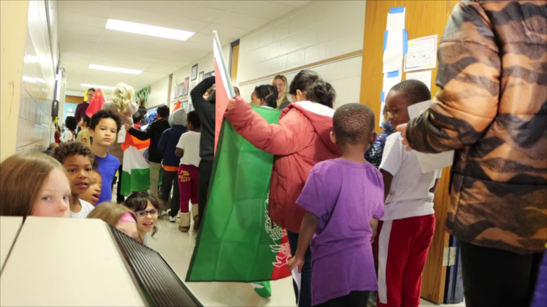 Students watching the Blue Ridge Elementary Flag Parade.