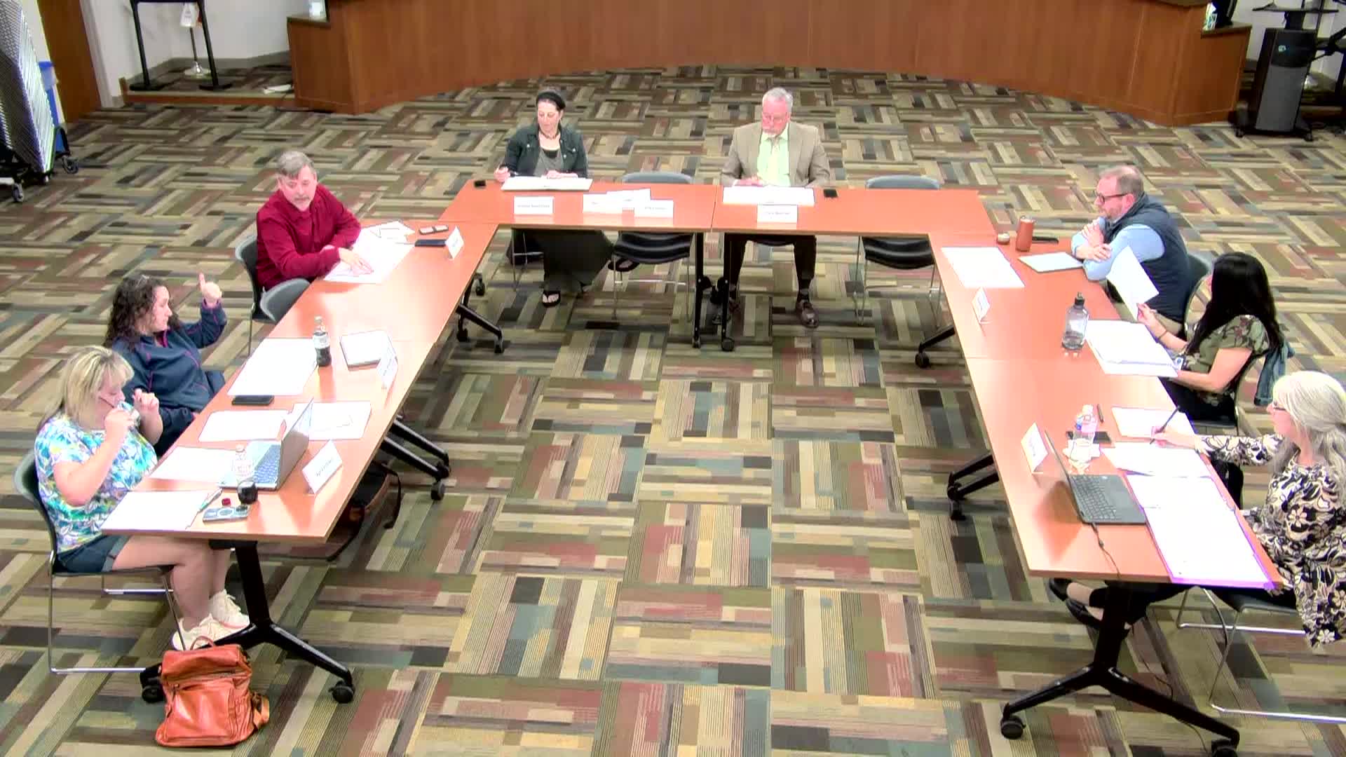 CPS Policy Committee Members in a U-shaped set up at their April 21, 2025, meeting.