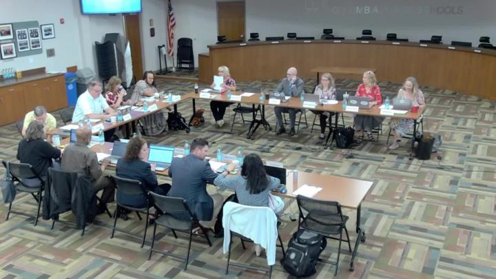 CPS School Board Members and school administrators in a U-shaped set up at their April 23, 2026, meeting.
